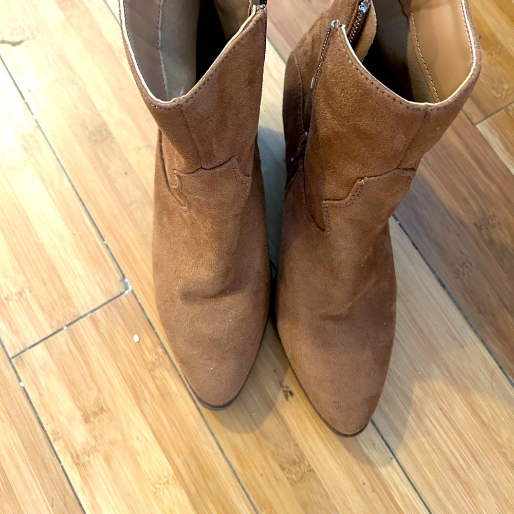 TAN SUEADE MID CAV BOOTS 3” HEEL